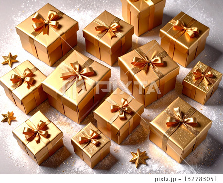 Holiday gifts. Golden gift boxes. Celebration, Christmas and branding. Packaging. Top view. 132783051