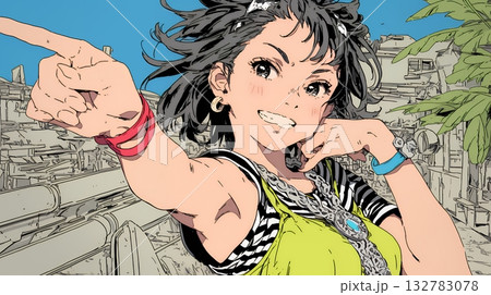 フィンガーガン（指でっぽう）を構えている若い女性