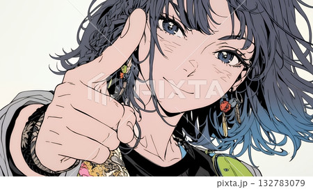 フィンガーガン（指でっぽう）を構えている若い女性