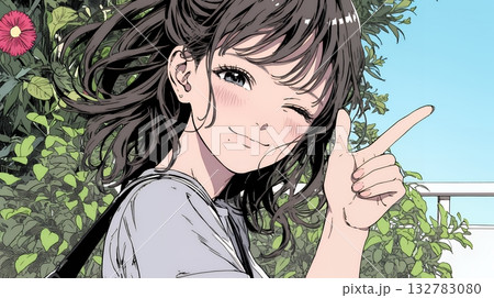 フィンガーガン（指でっぽう）を構えている若い女性