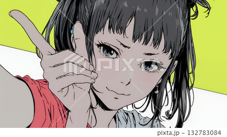 フィンガーガン（指でっぽう）を構えている若い女性 132783084