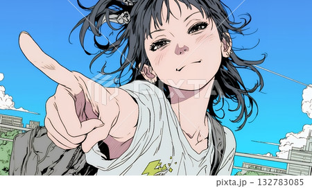 フィンガーガン（指でっぽう）を構えている若い女性