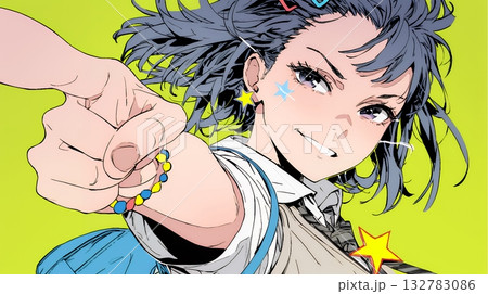 フィンガーガン（指でっぽう）を構えている若い女性