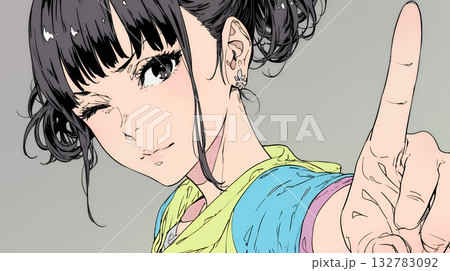 フィンガーガン（指でっぽう）を構えている若い女性