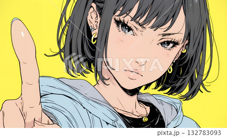 フィンガーガン（指でっぽう）を構えている若い女性