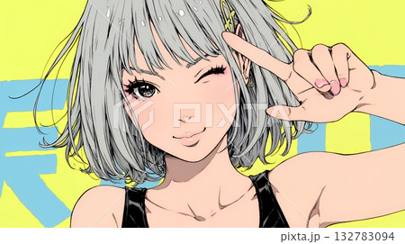 フィンガーガン（指でっぽう）を構えている若い女性