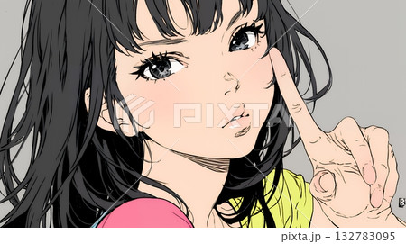 フィンガーガン（指でっぽう）を構えている若い女性