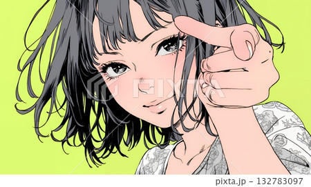 フィンガーガン（指でっぽう）を構えている若い女性