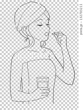 Black and white illustration of a woman taking supplements Black and white illustration of a woman taking supplements 132783211