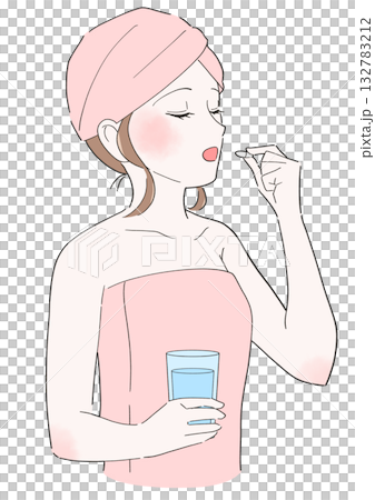Illustration of a woman drinking supplements Illustration of a woman drinking supplements 132783212