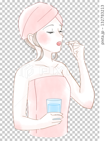 Watercolor illustration of a woman drinking supplements Watercolor illustration of a woman drinking supplements 132783213