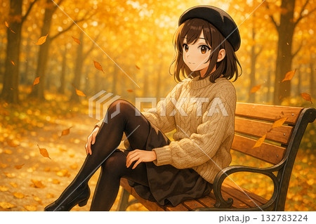 秋の公園でベンチに座るセーター姿の少女 ―アニメ風の温かく優しい雰囲気のイラスト― 秋の公園でベンチに座るセーター姿の少女 ―アニメ風の温かく優しい雰囲気のイラスト― 132783224