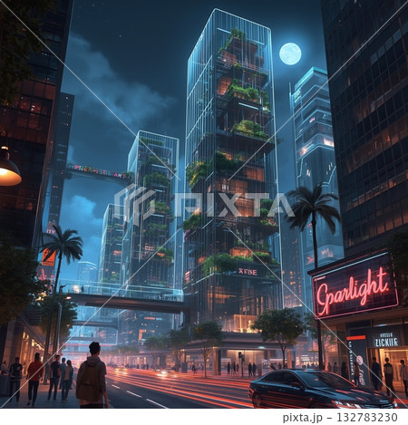 未来都市の夜景と空中庭園が広がるネオシティスカイライン 132783230
