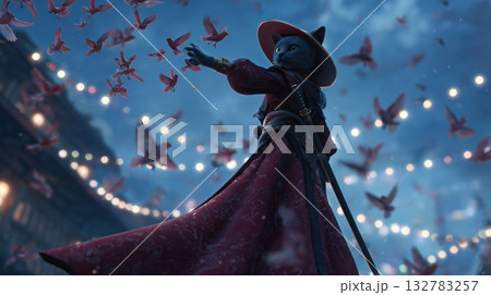 Red Clad Ninja Cat in Mystic Night 132783257