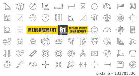 Measurement Line Icon Vector Set. A Collection Of 61 Thin Line Editable Stroke Icons Featuring Tools For Size, Distance, Weight, And Temperature. Perfect For Engineering, Architecture, Science. 132783330