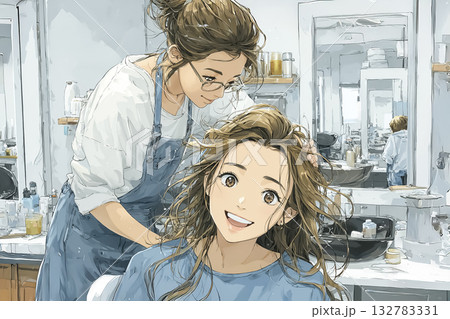 美優シリーズ:美容室スタッフが顧客に仕上がりを見せ笑顔で確認するシーン 美優シリーズ:美容室スタッフが顧客に仕上がりを見せ笑顔で確認するシーン 132783331