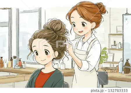 美優シリーズ：美容院でヘアスタイルを仕上げる女性 132783333