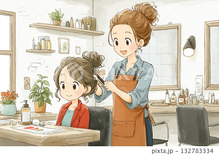 美優シリーズ：美容院でヘアスタイルを仕上げる女性 132783334