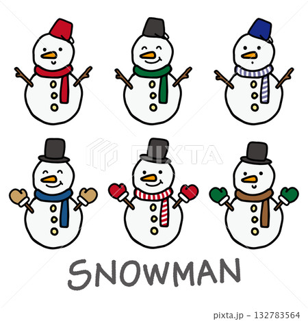 手描きのかわいい雪だるまセット(カラーバリエーション・冬・クリスマス素材) 手描きのかわいい雪だるまセット(カラーバリエーション・冬・クリスマス素材) 132783564