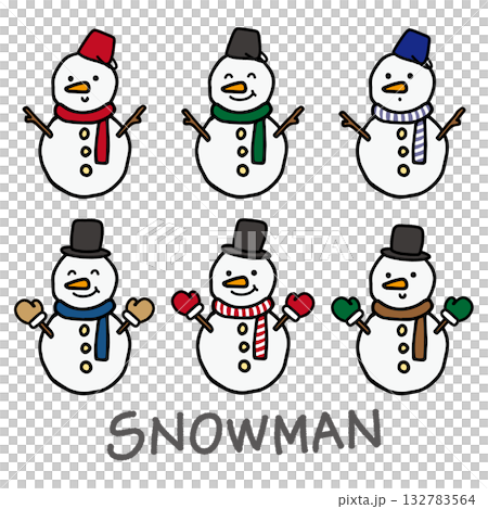 手描きのかわいい雪だるまセット(カラーバリエーション・冬・クリスマス素材) 手描きのかわいい雪だるまセット(カラーバリエーション・冬・クリスマス素材) 132783564