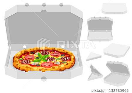 pizza in cardboard box freshly baked with sausage, tomatoes, olives, mushrooms and cheese carton sock vector illustration pizza in cardboard box freshly baked with sausage, tomatoes, olives, mushrooms and cheese carton sock vector illustration 132783963