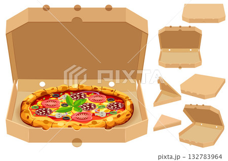 pizza in cardboard box freshly baked with sausage, tomatoes, olives, mushrooms and cheese carton sock vector illustration 132783964
