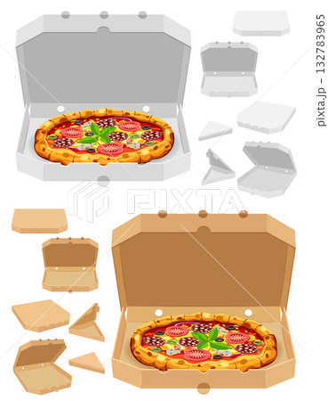 pizza in cardboard box freshly baked with sausage, tomatoes, olives, mushrooms and cheese carton sock vector illustration 132783965