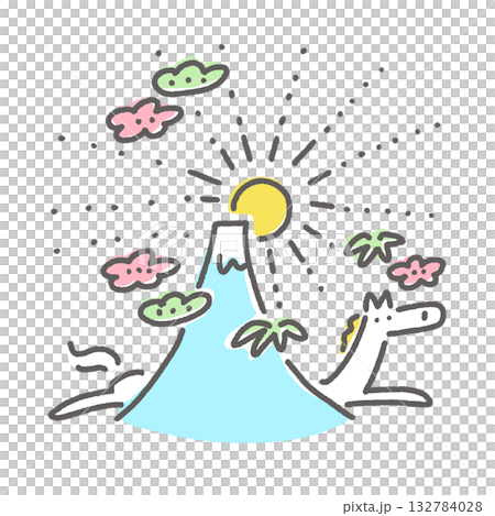 白馬奔跑，富士山，初升的太陽，松樹，竹子，梅花，2026年手繪普普藝術 132784028