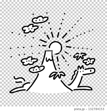 走る馬と富士山と初日の出と松竹梅　2026 線画　モノクロ 132784153