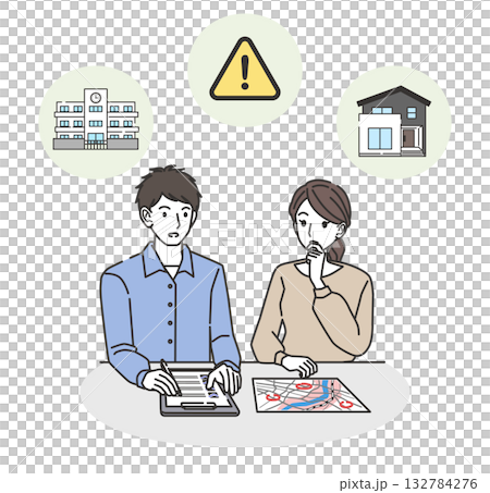 An image of a family checking evacuation routes and disaster prevention measures 132784276