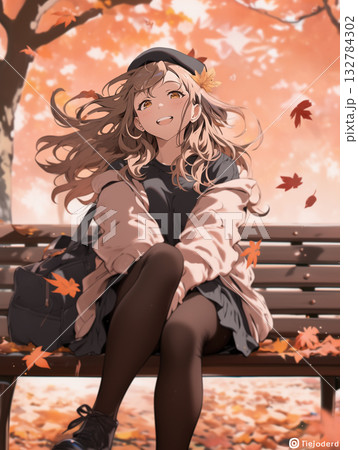 秋の公園で微笑む少女　―アニメ風の温かく優しい雰囲気のイラスト― 132784302