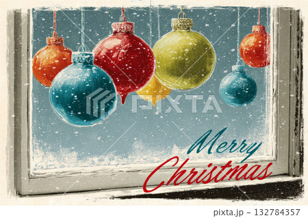 Colorful vintage Christmas ornaments sway gently as snow falls outside. The scene evokes warmth and nostalgia, celebrating holiday cheer from the 50s and 60s with festive brightness 132784357