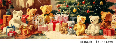 Cute teddy bears sit around a beautifully decorated Christmas tree surrounded by colorful presents, banner Cute teddy bears sit around a beautifully decorated Christmas tree surrounded by colorful presents, banner 132784366
