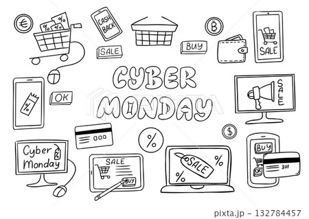 Cyber monday shopping design with hand drawn doodle style icons for e-commerce and discounts. Concept of online sales, cashback and mobile purchases during seasonal promotions 132784457
