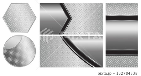 Set of silver gray metal backgrounds and elements, 3D polished chrome metallic and shiny diamond plate texture, vector illustration Set of silver gray metal backgrounds and elements, 3D polished chrome metallic and shiny diamond plate texture, vector illustration 132784538