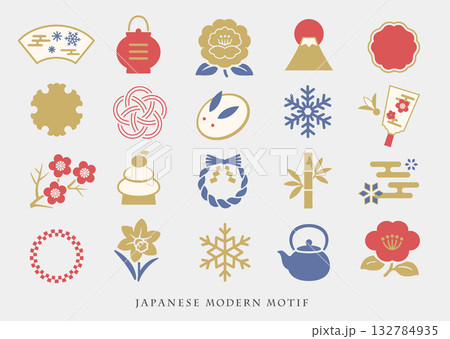 和モダンな冬のモチーフ（雪兎、鏡餅、水仙、縁起物） 132784935