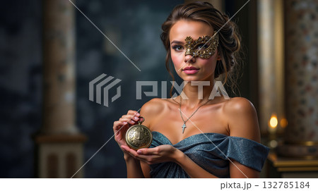 A woman in a blue dress holding a gold mask and a pocket watch 132785184