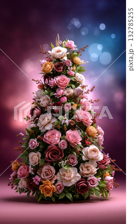 A Christmas tree made of flowers on a pink background 132785255