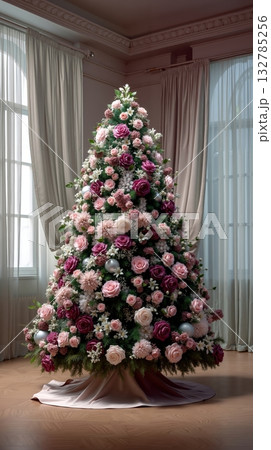 A decorated christmas tree with pink and white flowers in a room 132785256