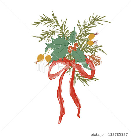 Whimsical Christmas floral card of red bow, berries, holly, pine cone and branch. Hand-drawn vintage poster isolated on white background. Illustration for design, print, fabric or background. Whimsical Christmas floral card of red bow, berries, holly, pine cone and branch. Hand-drawn vintage poster isolated on white background. Illustration for design, print, fabric or background. 132785527