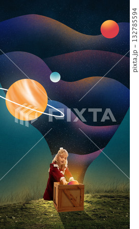 Surreal collage art. Blonde girl opening glowing box releasing planets and stars into cosmic sky Surreal collage art. Blonde girl opening glowing box releasing planets and stars into cosmic sky 132785594