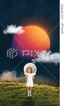 Creative digital artwork. Girl in astronaut helmet standing on grass looking at glowing planet Creative digital artwork. Girl in astronaut helmet standing on grass looking at glowing planet 132785601