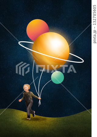 Modern poster. Child running with planet balloons in creative night sky illustration Modern poster. Child running with planet balloons in creative night sky illustration 132785605