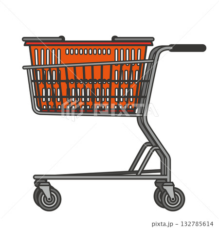 「オレンジ色の買い物かごを載せたショッピングカートのイラスト（スーパー・買い物・生活用品） 132785614