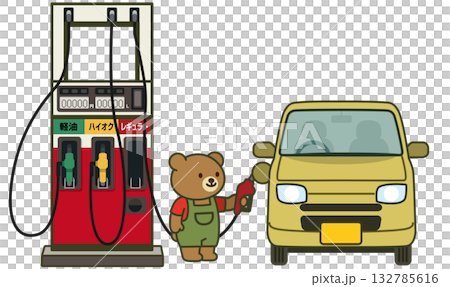 An illustration of a cute bear refueling a minicar at a gas station (working bear, car life, everyday scene) 132785616