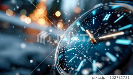 Close-up of a wristwatch in falling snow with festive bokeh lights, representing time, celebration, and the arrival of the new year Close-up of a wristwatch in falling snow with festive bokeh lights, representing time, celebration, and the arrival of the new year 132785721