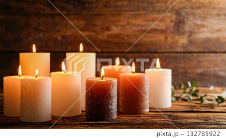 Glowing autumn candles arranged on rustic...のイラスト素材 [132785922] - PIXTA