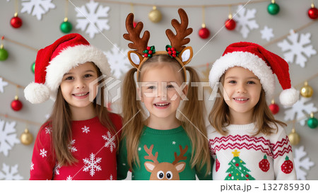 Christmas portrait of three smiling girls in festive sweaters and Santa hats standing in front of holiday decorations. Joyful winter moment. 132785930
