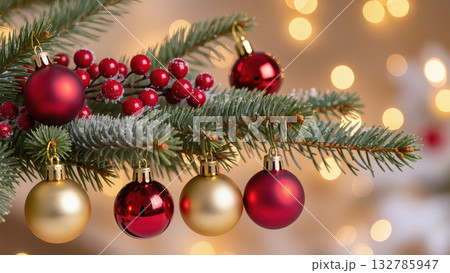Christmas tree branch decorated with red and...のイラスト素材 [132785947] - PIXTA