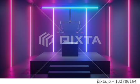 Futuristic neon courtroom with glowing scales of justice, symbolizing AI ethics regulation and digital law in modern, vibrant setting 132786164